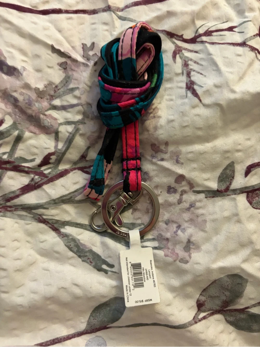 Vera Bradley Black Floral Lanyard Keychain with Pink & Teal Accents